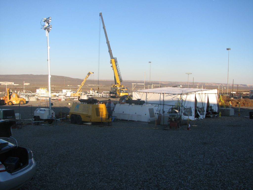 a crane outside of a nuclear tank farm