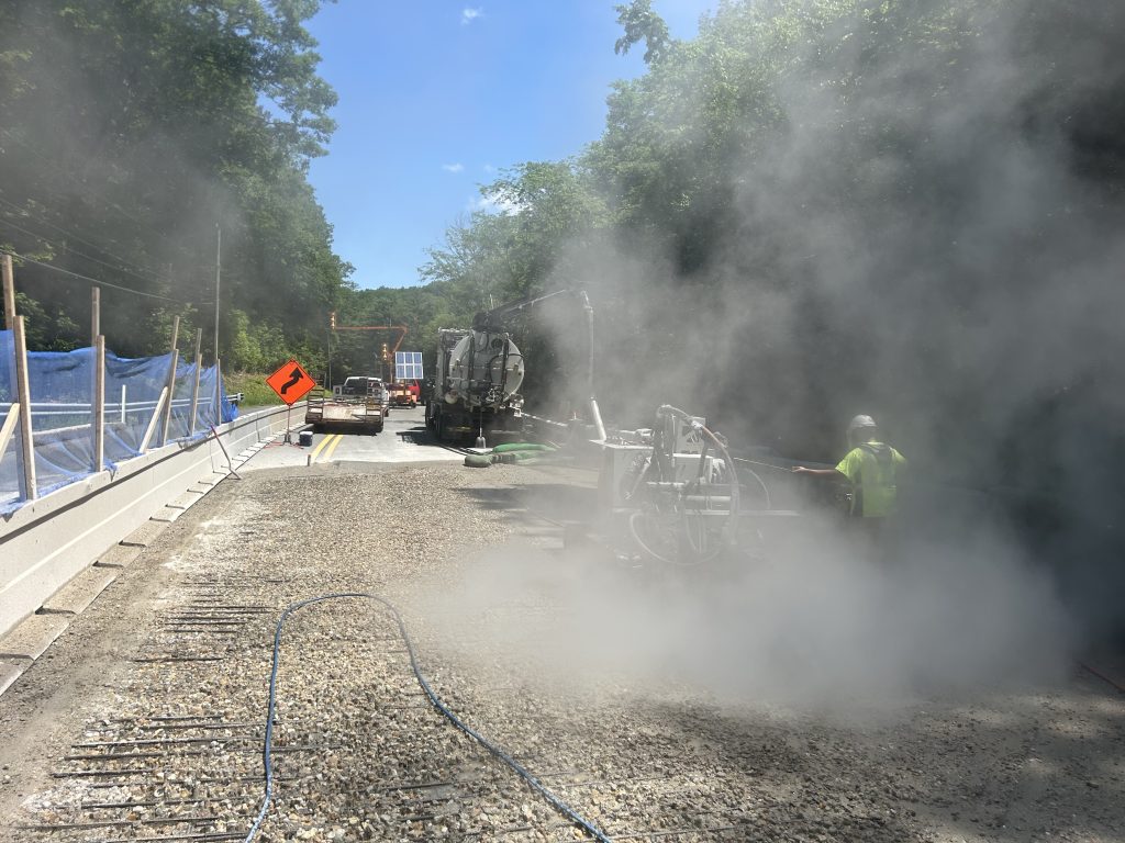 Bridge deck during hydrodemolition,